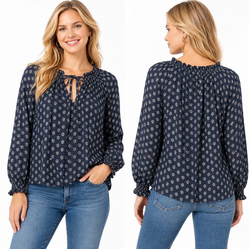 Faherty Emery Peasant Blouse Womens S Blue Floral Cotton Gauze Blouson Sleeve